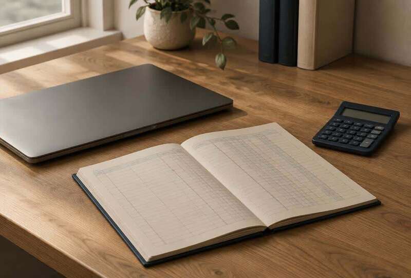 Business ledger and laptop used for Denver small business tax preparation