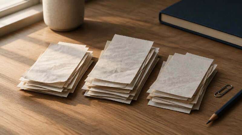 Loose paper receipts organised into three neat overlapping stacks beside a paperclip and a pencil
